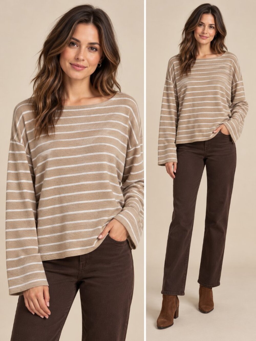 Universal Thread Striped Crewneck Knit Sweater Tan Cream Medium NWT